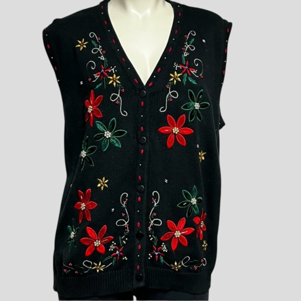 Vintage Tabi International Cotton Christmas Floral Embroidered/Beaded Vest